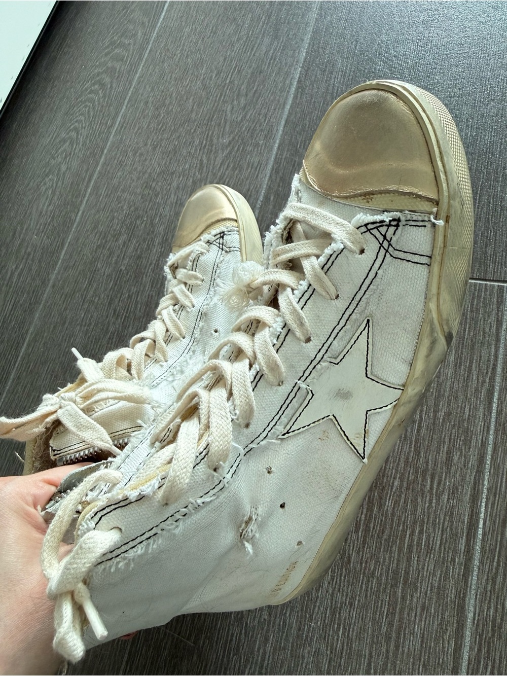 Golden Goose White Canvas High-Top Sneakers with Gold Toe Cap